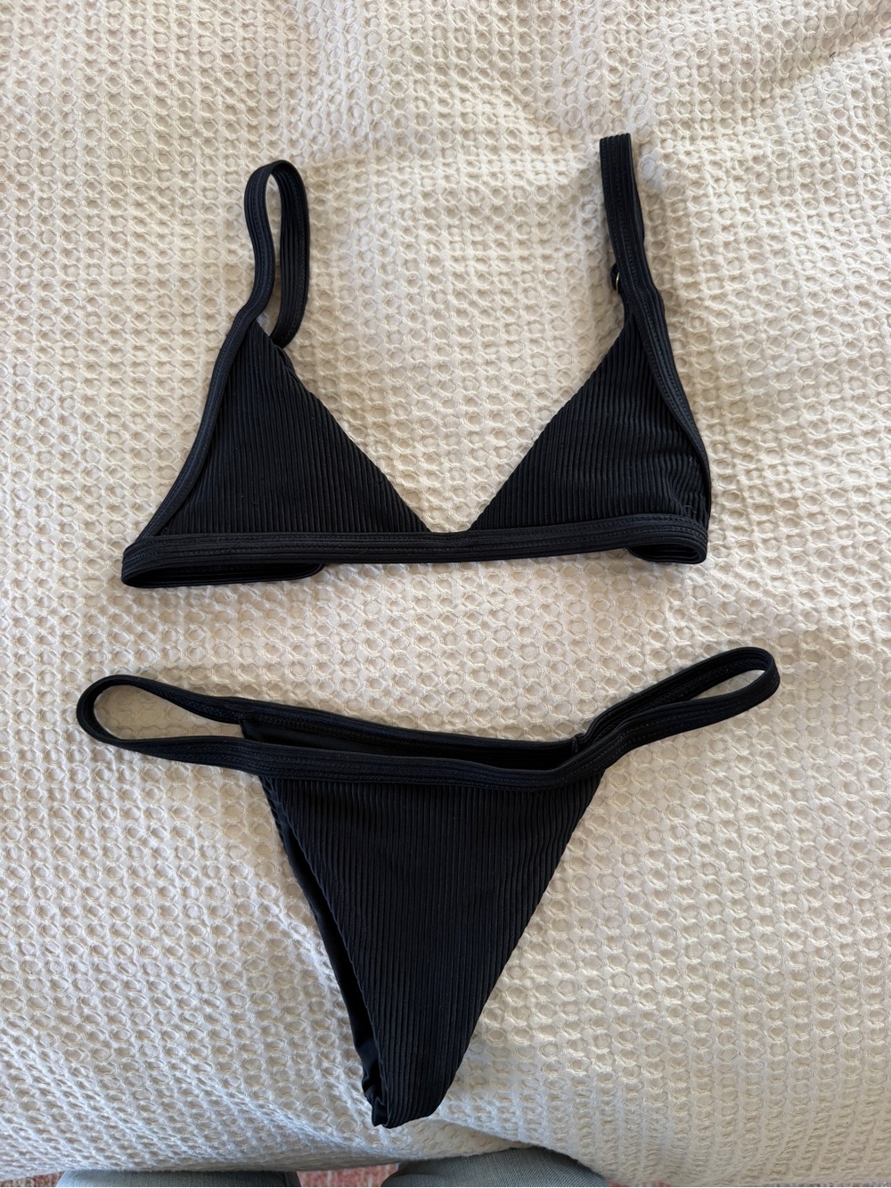 Ribbed Black Triangle Bikini Set -  Small
